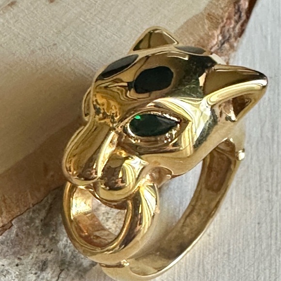 750/ 18k yellow gold green genuine emerald Tiger Eye Ring - Picture 3 of 9